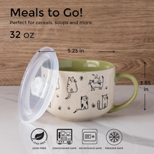 Load image into Gallery viewer, AmorArc 32 Ounces Ceramic Soup Mugs with Lids and Handle, Stoneware Bowls Cup Set of 2 for Soup, Stew, Noodle, Beautiful Mug Bowls With Lovely Dog,Cat Patterns, Microwave&amp;Dishwasher Safe, Olive
