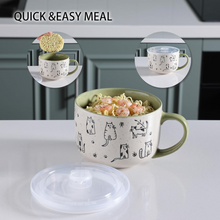 Load image into Gallery viewer, AmorArc 32 Ounces Ceramic Soup Mugs with Lids and Handle, Stoneware Bowls Cup Set of 2 for Soup, Stew, Noodle, Beautiful Mug Bowls With Lovely Dog,Cat Patterns, Microwave&amp;Dishwasher Safe, Olive
