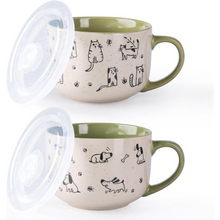 Load image into Gallery viewer, AmorArc 32 Ounces Ceramic Soup Mugs with Lids and Handle, Stoneware Bowls Cup Set of 2 for Soup, Stew, Noodle, Beautiful Mug Bowls With Lovely Dog,Cat Patterns, Microwave&amp;Dishwasher Safe, Olive
