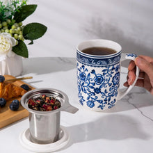Load image into Gallery viewer, AmorArc Porcelain Tea Mug with Infuser and Lids, 18 Oz Cup Strainer Bag Holder for Loose Leaf Tea, Steeping Coffee Well-wrapped Box House-warming Wedding Birthday Gift, WhiteBlue
