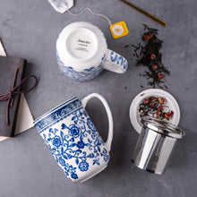 Load image into Gallery viewer, AmorArc Porcelain Tea Mug with Infuser and Lids, 18 Oz Cup Strainer Bag Holder for Loose Leaf Tea, Steeping Coffee Well-wrapped Box House-warming Wedding Birthday Gift, WhiteBlue
