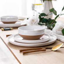 Load image into Gallery viewer, AmorArc Ceramic Dinnerware Sets for 4, 12 Pieces Handpainted Plates and Bowls Set with Rustic Terracotta Underside, Scratch Resistant Stoneware Dishes Set, Dishwasher &amp; Microwave Safe, White
