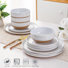 Load image into Gallery viewer, AmorArc Ceramic Dinnerware Sets for 4, 12 Pieces Handpainted Plates and Bowls Set with Rustic Terracotta Underside, Scratch Resistant Stoneware Dishes Set, Dishwasher &amp; Microwave Safe, White
