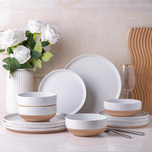 Load image into Gallery viewer, AmorArc Ceramic Dinnerware Sets for 4, 12 Pieces Handpainted Plates and Bowls Set with Rustic Terracotta Underside, Scratch Resistant Stoneware Dishes Set, Dishwasher &amp; Microwave Safe, White
