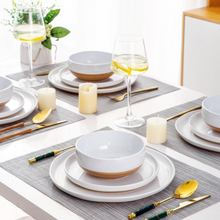 Load image into Gallery viewer, AmorArc Ceramic Dinnerware Sets for 4, 12 Pieces Handpainted Plates and Bowls Set with Rustic Terracotta Underside, Scratch Resistant Stoneware Dishes Set, Dishwasher &amp; Microwave Safe, White
