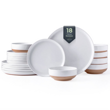 Load image into Gallery viewer, AmorArc Ceramic Dinnerware Sets for 6, 18 Pieces Handpainted Plates and Bowls Set with Rustic Terracotta Underside, Scratch Resistant Stoneware Dishes Set, Dishwasher &amp; Microwave Safe, White
