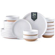 Load image into Gallery viewer, AmorArc Ceramic Dinnerware Sets for 8, 24 Pieces Handpainted Plates and Bowls Set with Rustic Terracotta Underside, Scratch Resistant Stoneware Dishes Set, Dishwasher &amp; Microwave Safe, White

