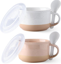 Load image into Gallery viewer, AmorArc Ceramic Soup Mugs with Handles and Lids,24 OZ Soup Cups Set of 2 with Terracotta Underside,Mug Bowls with Spoon for Soup/Cereal/Salad/Noodles/Ramen/Microware &amp;Dishwasher Safe-White &amp;Peach
