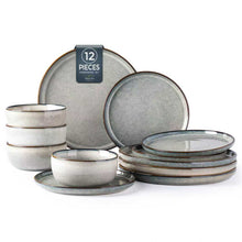 Load image into Gallery viewer, AmorArc Ceramic Dinnerware Sets for 4, 12 Pieces Stoneware Plates and Bowls Sets, Reactive Glaze Dishes -Scratch Resistant, Dishwasher&amp;Microwave Safe, Green Wheat (Service for 4)
