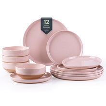 Load image into Gallery viewer, AmorArc Ceramic Dinnerware Sets for 4, 12 Pieces Handpainted Plates and Bowls Set with Rustic Terracotta Underside, Scratch Resistant Stoneware Dishes Set, Dishwasher &amp; Microwave Safe, Cloud Pink
